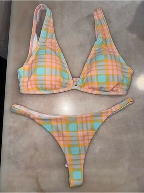 Billabong Pastel Plaid Thong Bikini Set - Mint, Peach & Yellow
